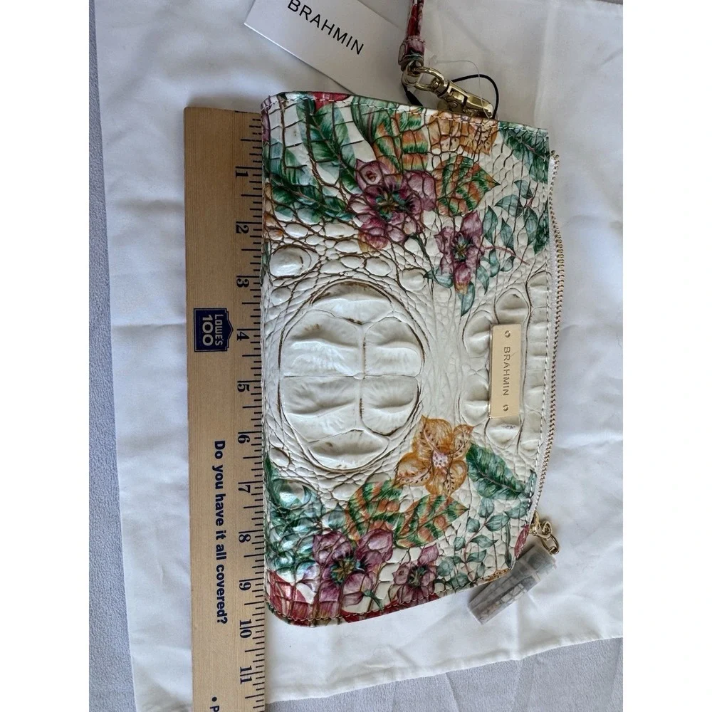 Brahmin Millie Ivory Tahiti Leather Embossed Floral Wristlet Wallet DustBag RARE